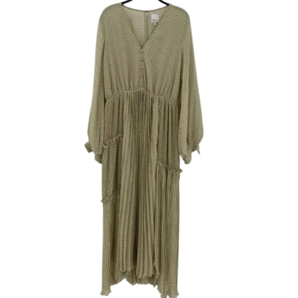 MPIC WOMENS MAXI DRESS SIZE M LIGHT SAGE GREEN GEOMETRIC PLEATED LONG SLEEVE - Picture 2 of 8